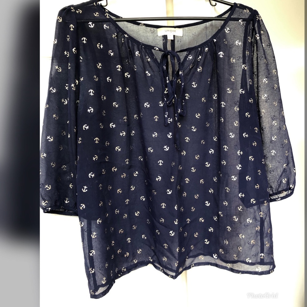 Umgee blouse, Sheer blue with gold anchors